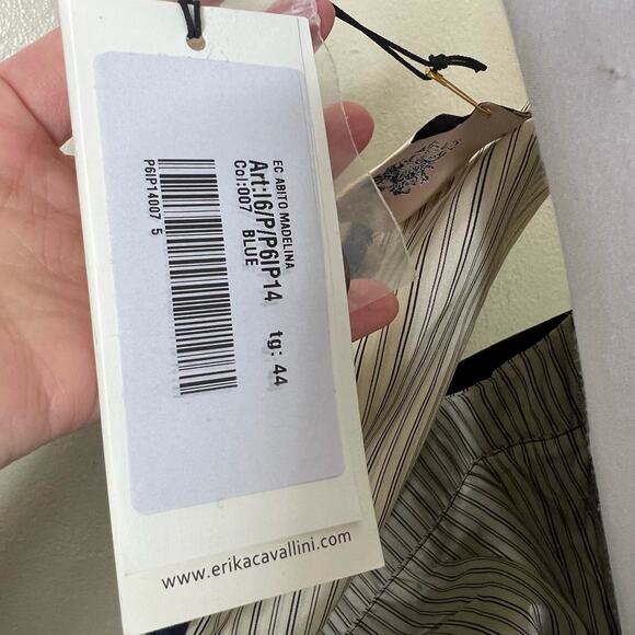 Erika Cavallini Sheath Shirt Dress 8 Pinstriped Button Front Midi Navy Wool New - Picture 11 of 12